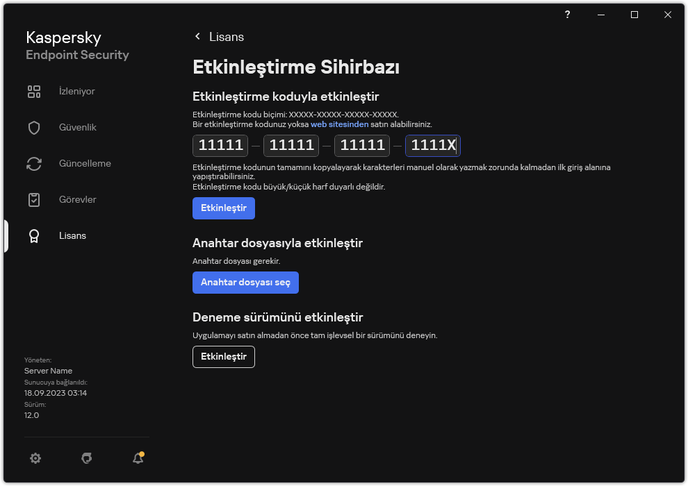 Uygulama etkinleştirme araçlarının bulunduğu pencere. Kullanıcı bir etkinleştirme kodu girebilir veya bir anahtar dosyası seçebilir.