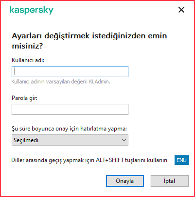 Bu pencere, kullanıcı adını ve parolayı girmek için alanlar içerir. Kullanıcı, uygulamanın parola istemeyeceği bir süre seçebilir.