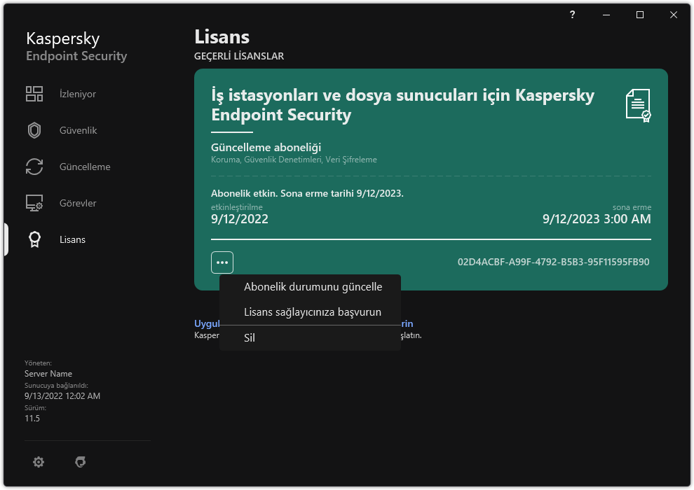 Lisans hakkında bilgi içeren pencere. Kullanıcı, abonelik durumunu güncelleyebilir, abonelik sağlayıcısıyla iletişime geçebilir veya lisansı kaldırabilir.