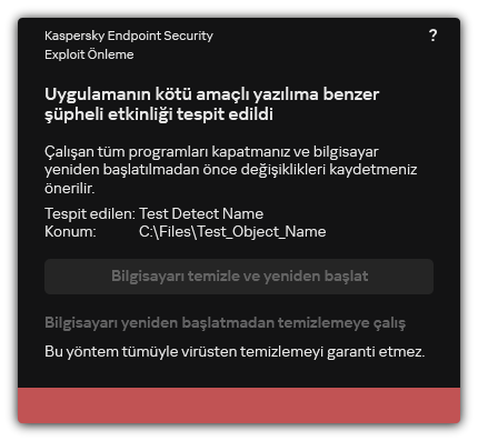 Kötü amaçlı yazılım tespit bildirimi. Kullanıcı, bilgisayarı yeniden başlatarak veya yeniden başlatmadan temizleme gerçekleştirebilir.