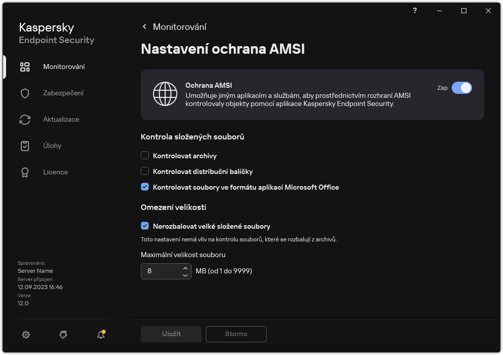 Okno nastavení součásti Ochrana AMSI.
