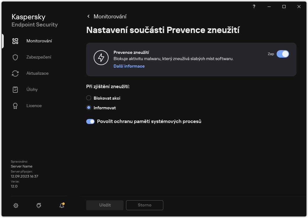 Okno nastavení součásti Prevence zneužití