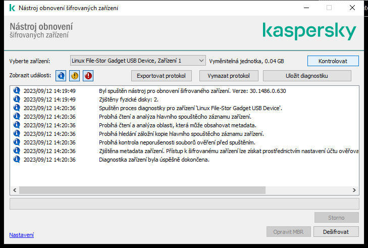 Okno se seznamem událostí nástroje. Uživatel může spustit diagnostiku a dešifrovat vybrané zařízení.
