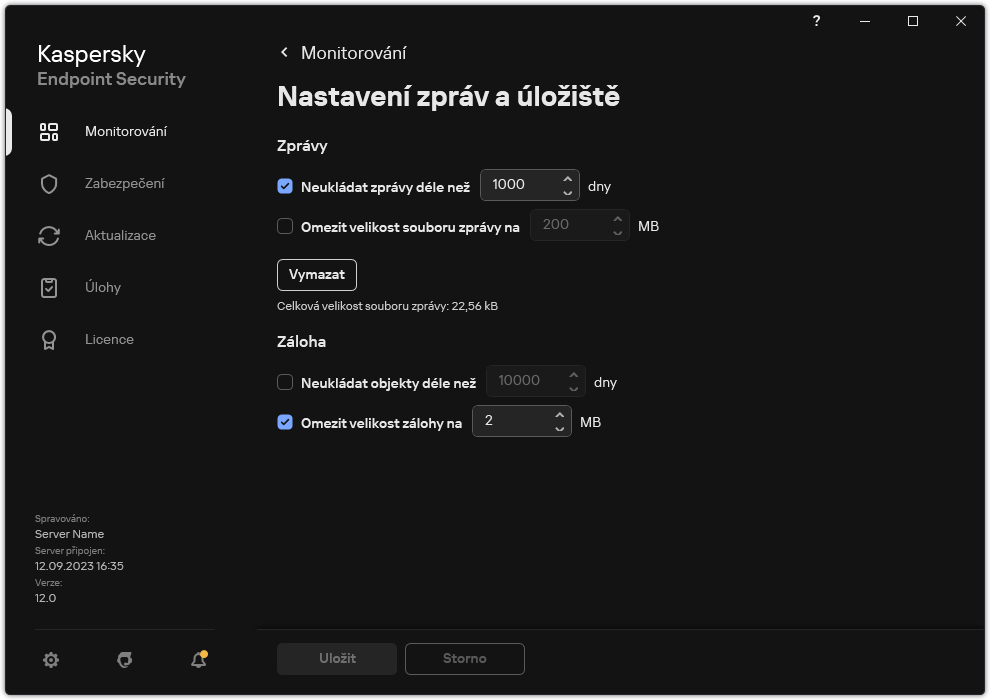 Okno Nastavení zpráv a úložiště. Uživatel může nastavit velikost a omezit dobu uložení sestav a objektů v úložišti.