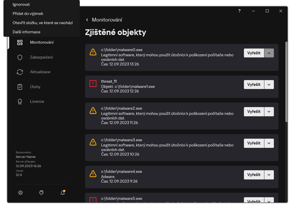 Okno se seznamem zjištěných objektů. Zobrazí se informace o objektu. Uživatel může objekt vyřešit nebo odstranit.