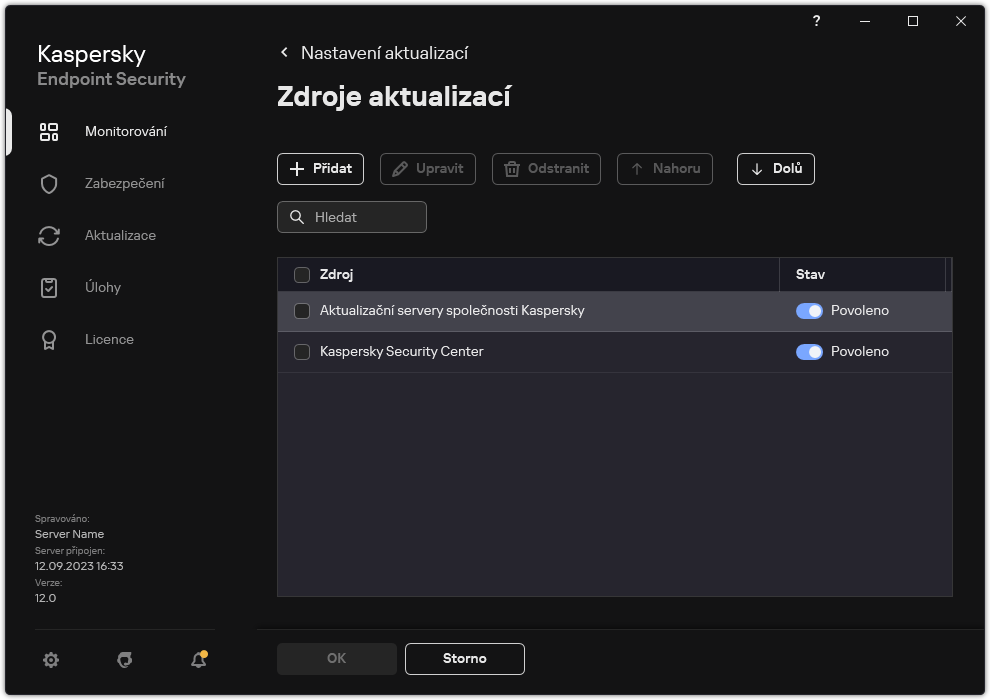 Okno se seznamem zdrojů aktualizací. Uživatel může přidat zdroje aktualizací a přiřadit zdroji prioritu.