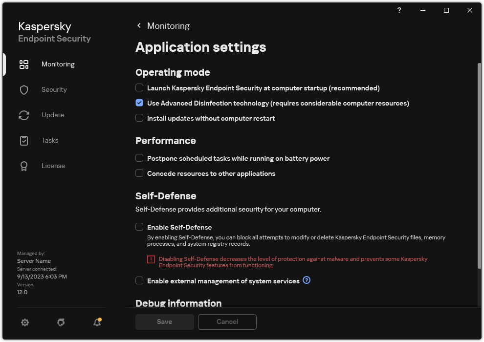 Application settings window. The user can configure performance, self-defense and other settings.