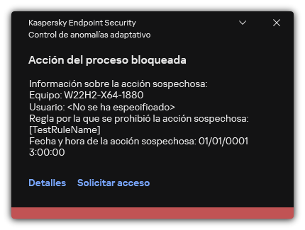 Notificación sobre la activación de una regla. El usuario puede crear una solicitud para permitir una acción de proceso.