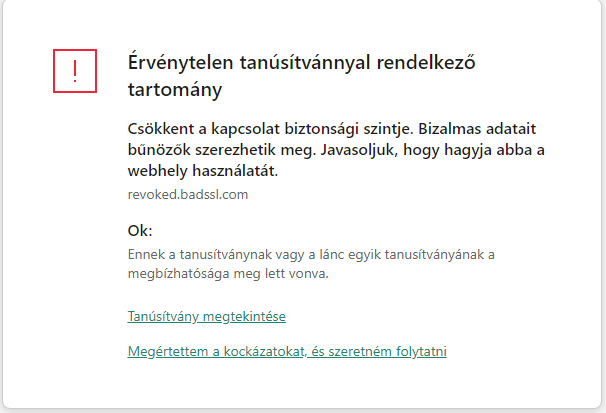 Kaspersky-értesítés egy nem megbízható tanúsítvánnyal rendelkező tartomány felkereséséről a böngészőablakban. A felhasználó folytathatja a munkát.