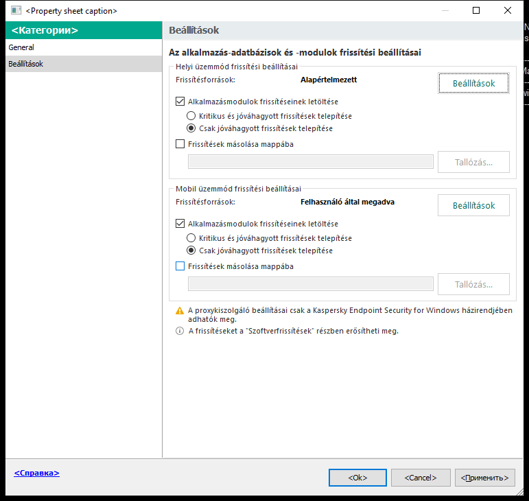 A Frissítés feladat beállításainak ablaka. A felhasználó helyi és mobil üzemmódban konfigurálhatja a frissítést.