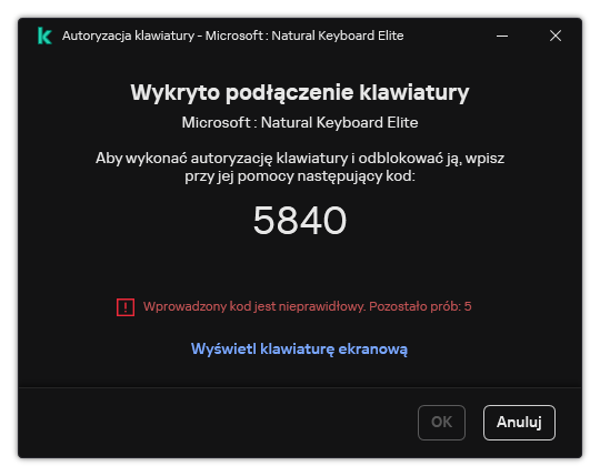 Okno z kodem autoryzacyjnym klawiatury. Użytkownik może aktywować klawiaturę ekranową i wprowadzić kod.