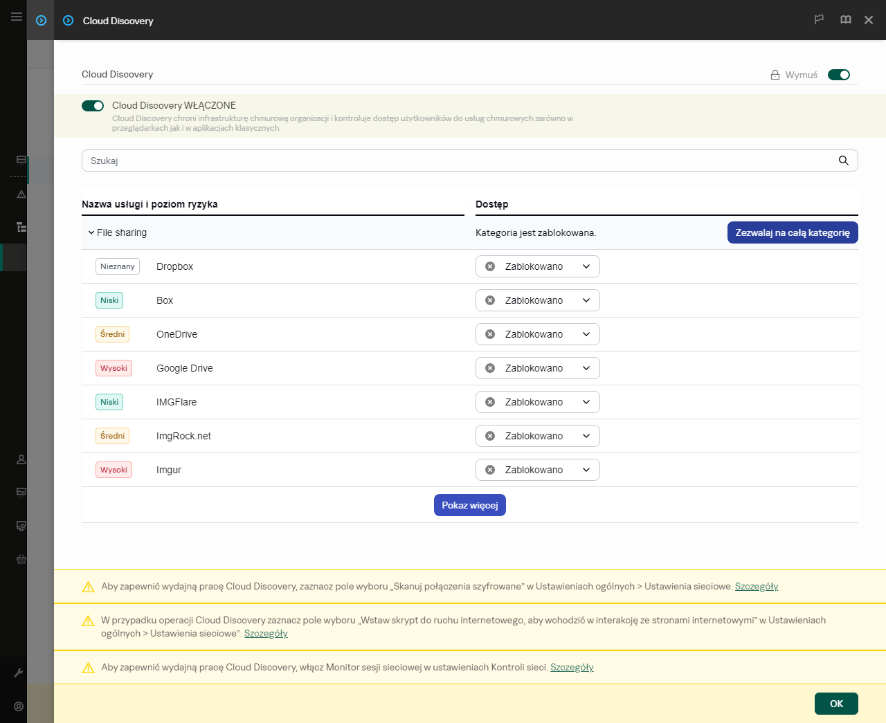 Okno ustawień Cloud Discovery. Użytkownik może konfigurować dostęp użytkownika do usług w chmurze.