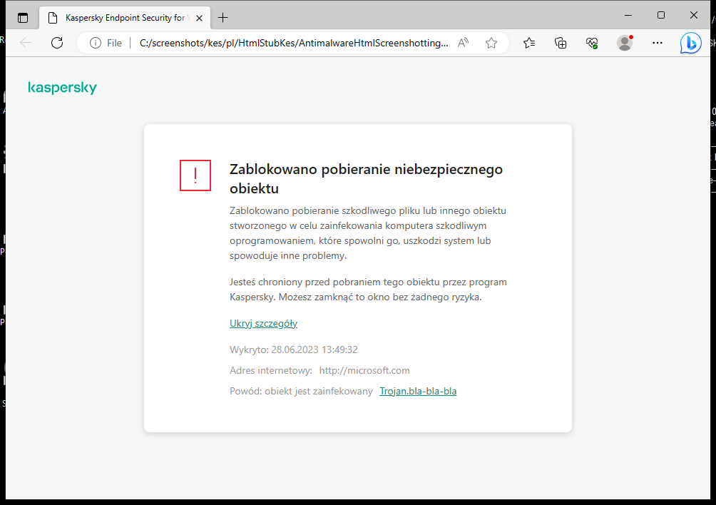 Powiadomienie firmy Kaspersky o zapobieganiu pobrania szkodliwego obiektu w oknie przeglądarki.