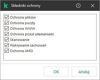 Okno z listą komponentów aplikacji. Wyłączenie dotyczy działania tylko wybranych komponentów.