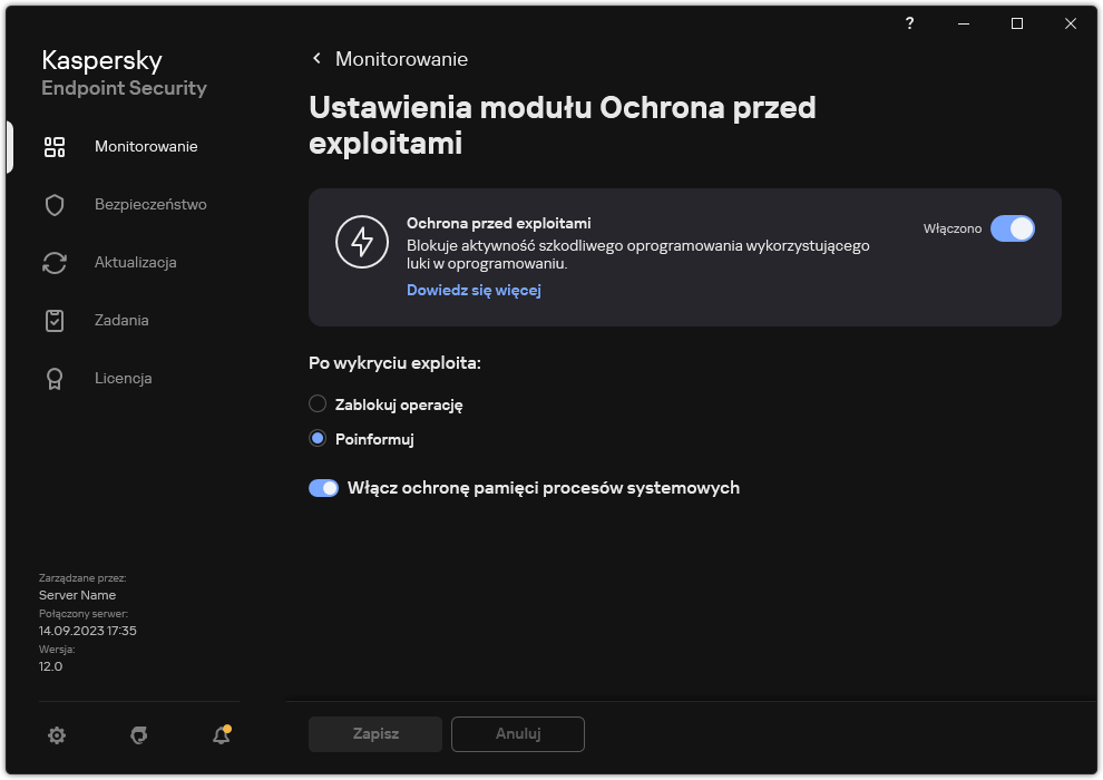 Okno ustawień modułu Ochrona przed exploitami