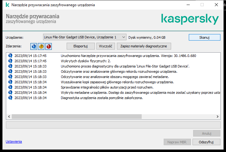 Okno z listą zdarzeń użytkowych. Użytkownik może uruchomić diagnostykę i odszyfrować wybrane urządzenie.