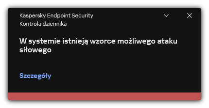 Powiadomienie o możliwym ataku brute-force. Użytkownik może przeglądać szczegółowe informacje o regule.