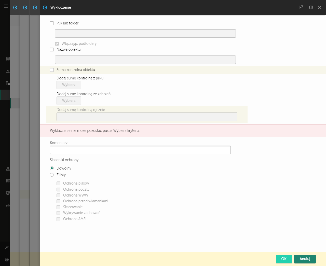 Okno z narzędziami wyboru wykluczeń. Użytkownik może wybrać plik lub folder, wprowadzić nazwę obiektu lub sumę kontrolna.