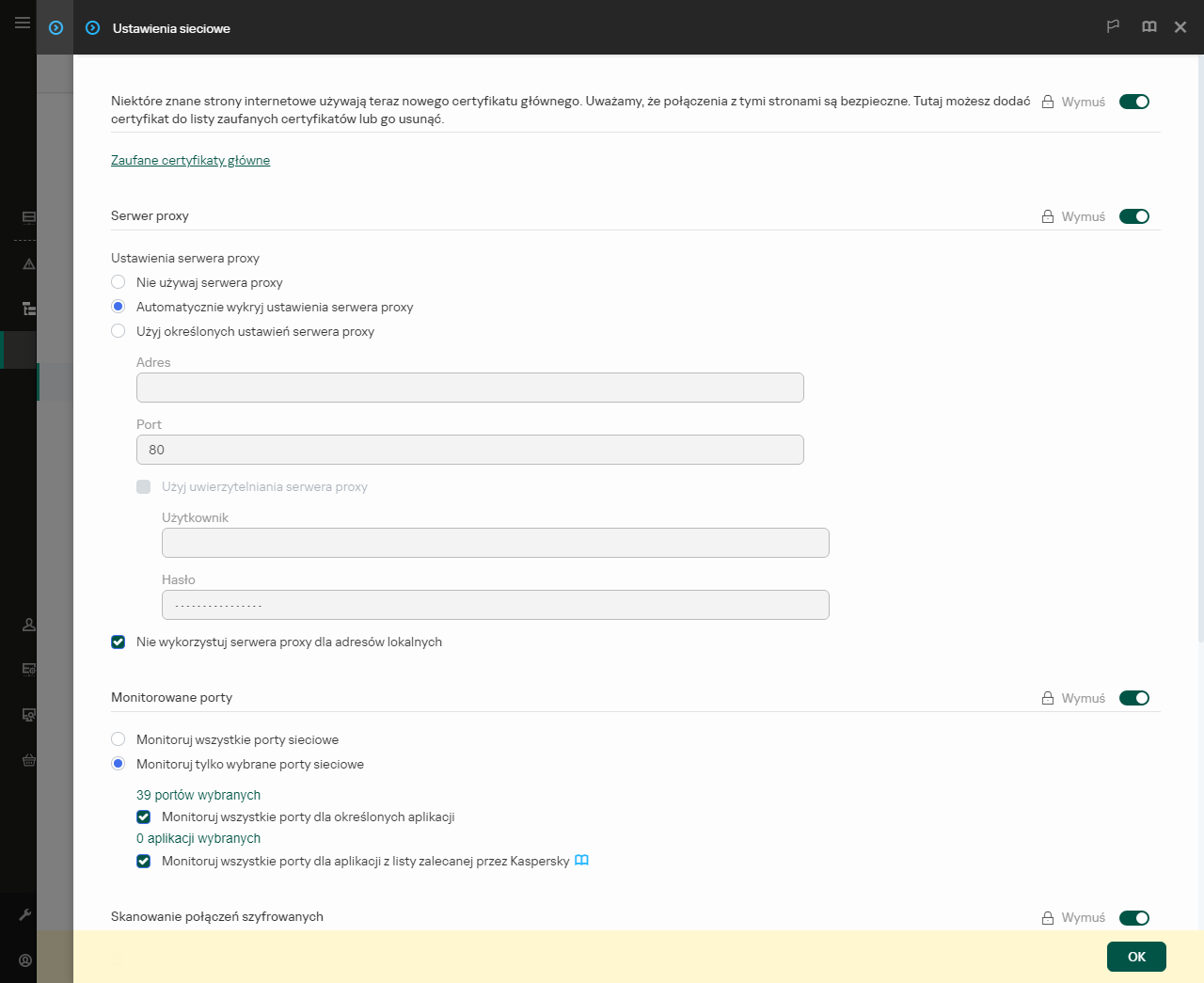 Okno ustawień sieciowych aplikacji. Użytkownik może skonfigurować ustawienia serwera proxy.