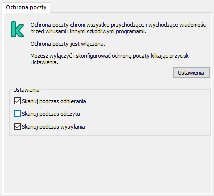 Rozszerzenie Kaspersky do okna programu Outlook. Użytkownik może skonfigurować, czy wiadomości mają być skanowane po otrzymaniu, przeczytaniu lub wysłaniu.