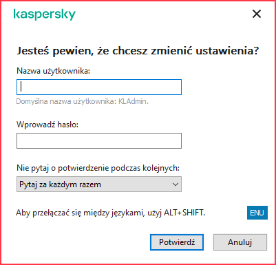 Okno zawiera pola do wpisania nazwy użytkownika i hasła. Użytkownik może wybrać okres czasu, w trakcie którego aplikacja nie będzie pytać o hasło.