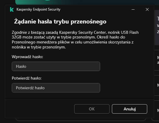 Okno zawiera pola do wpisania i potwierdzenia hasła.