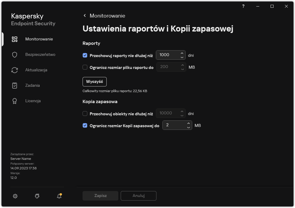 Okno ustawień Raportów i Kopii zapasowej. Użytkownik może ustawić rozmiar i ograniczyć czas przechowywania raportów i obiektów w repozytorium.