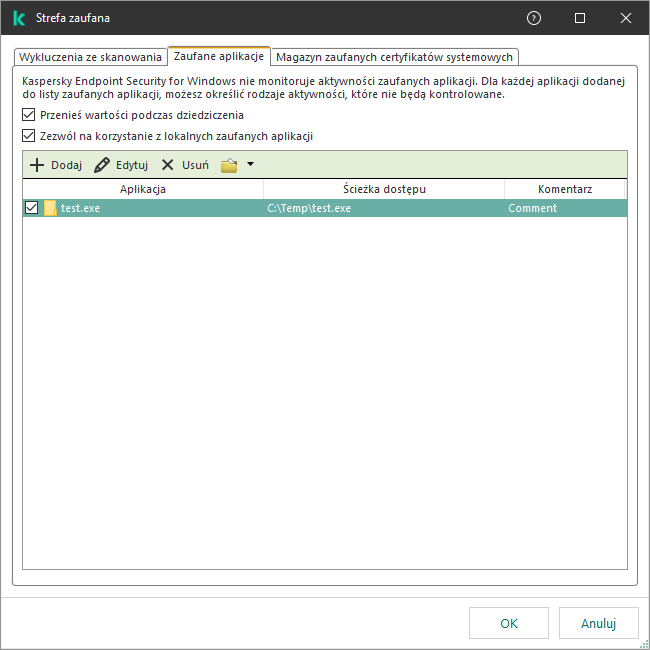 Okno z listą zaufanych aplikacji. Użytkownik może dodawać, edytować lub usuwać zaufaną aplikację.