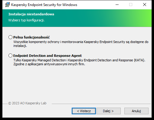 Okno instalatora umożliwiające konfigurację aplikacji: pełna funkcjonalność lub Endpoint Detection and Response Agent.
