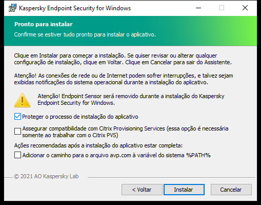 Janela de configurações de instalação: proteção de instalação, compatibilidade com Citrix PVS, variável de sistema para avp.com.