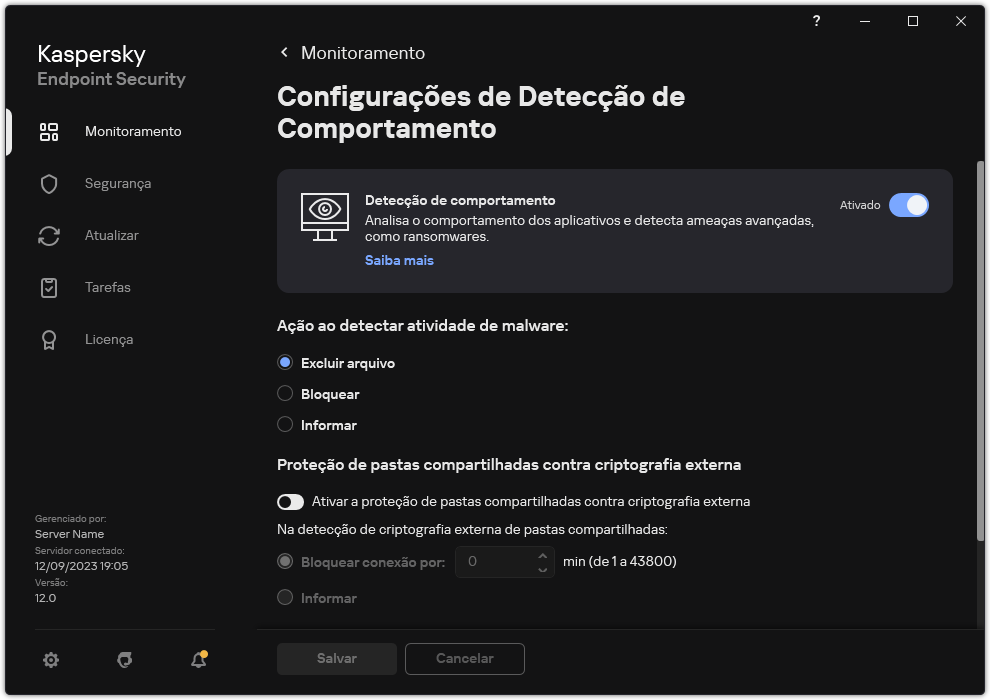 Janela Configurações de Detecção de Comportamento.