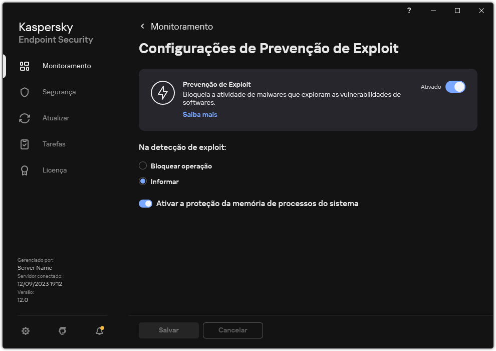 Janela Configurações de prevenção de exploit