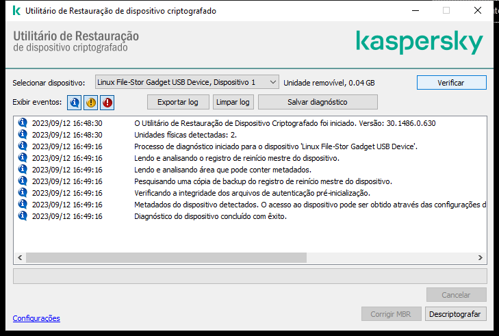 Uma janela com a lista de eventos do utilitário. O usuário pode executar diagnósticos e descriptografar o dispositivo selecionado.