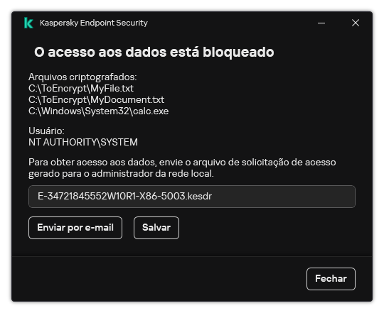 Uma janela com um arquivo de solicitação para acessar os dados criptografados. O usuário pode salvar o arquivo gerado em disco ou enviá-lo por e-mail.