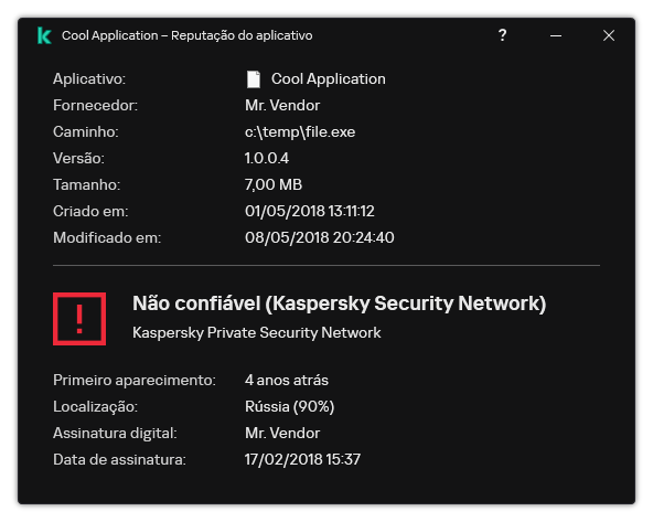 A janela contém informações sobre a reputação do arquivo e outros dados, como a presença de uma assinatura digital.