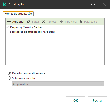 Uma janela com a lista de fontes de atualização. O usuário pode adicionar fontes de atualização e atribuir uma prioridade à fonte.