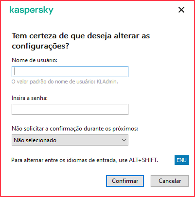 A janela contém campos para inserção do nome de usuário e senha. O usuário pode selecionar um período de tempo durante o qual o aplicativo não solicitará a senha.