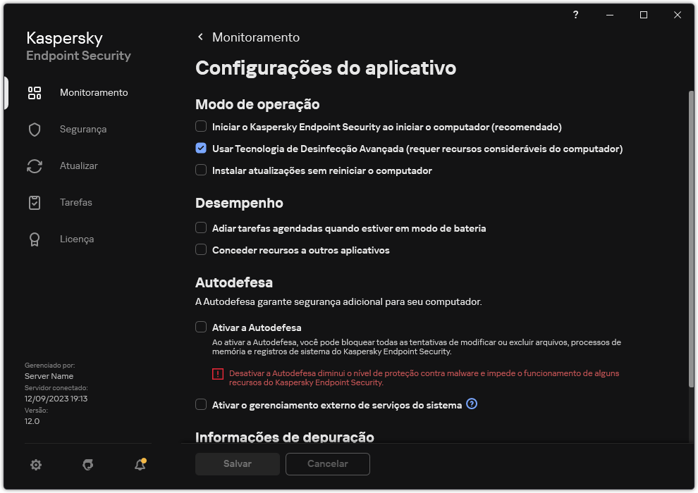 Janela Configurações do Aplicativo. O usuário pode configurar o desempenho, a autodefesa e outras configurações.