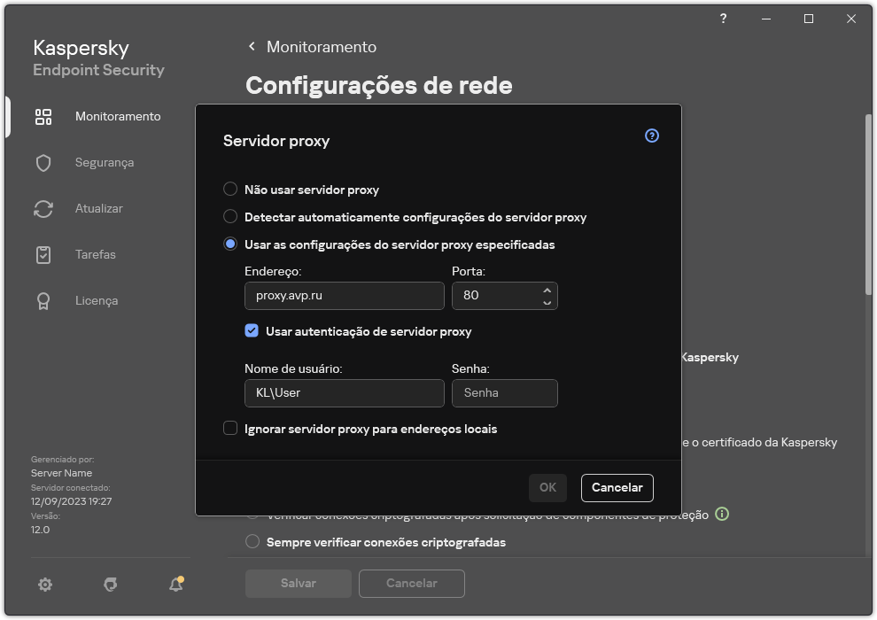 A janela para configurar a conexão do servidor proxy. O usuário pode definir o endereço do servidor proxy e as credenciais para se conectar ao servidor proxy.