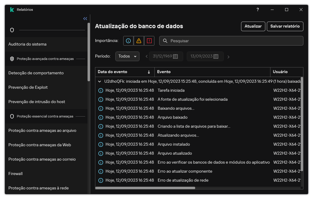 Uma janela com a lista de eventos no relatório. O usuário pode filtrar/classificar os eventos e salvar os relatórios em um arquivo.