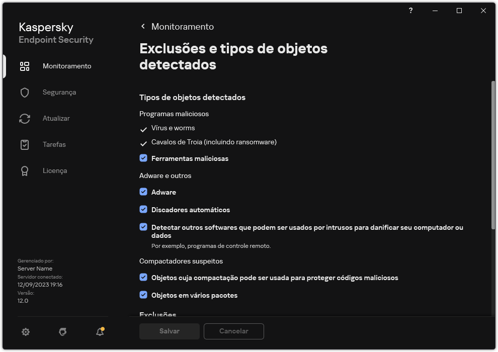 Janela Configurações de exclusão. O usuário pode selecionar os tipos de objetos detectados e adicionar objetos às exclusões.