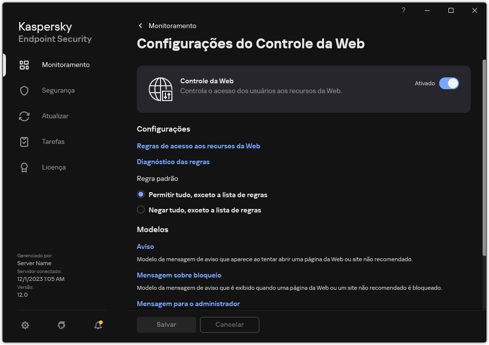 Janela de configurações do Controle da Web.