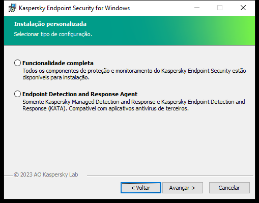 Janela do instalador com a configuração do aplicativo: funcionalidade completa ou Endpoint Detection and Response Agent.