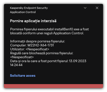 Notificare despre pornirea aplicației blocate. Utilizatorul poate crea o solicitare de lansare a aplicației.