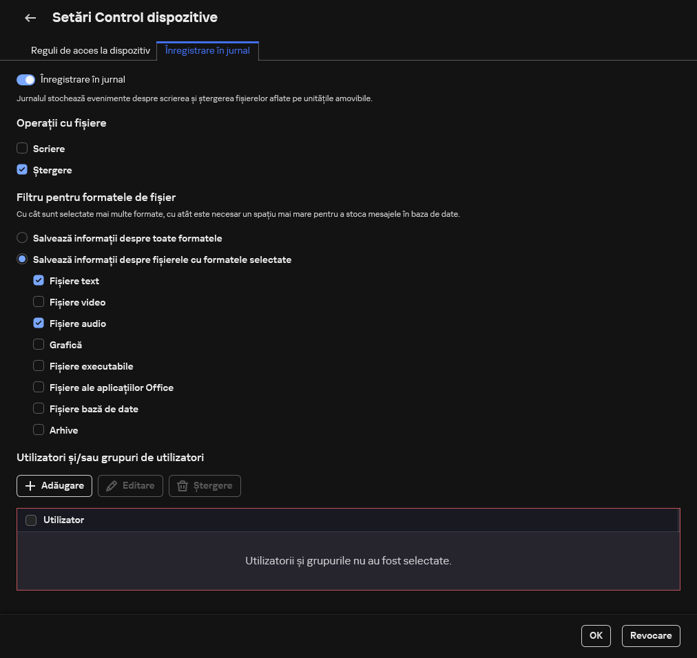 Fereastra pentru configurarea înregistrării în jurnal a evenimentelor despre utilizarea unităților amovibile. Utilizatorul poate selecta evenimentele care urmează să fie înregistrate în jurnal.