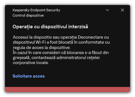 Notificare despre o conexiune Wi-Fi blocată. Utilizatorul poate crea o solicitare de conectare la rețeaua Wi-Fi.