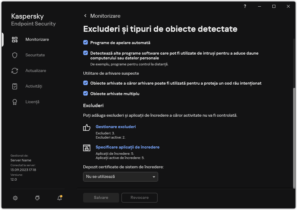 Fereastra cu setările excluderilor. Utilizatorul poate adăuga excluderi și aplicații de încredere.