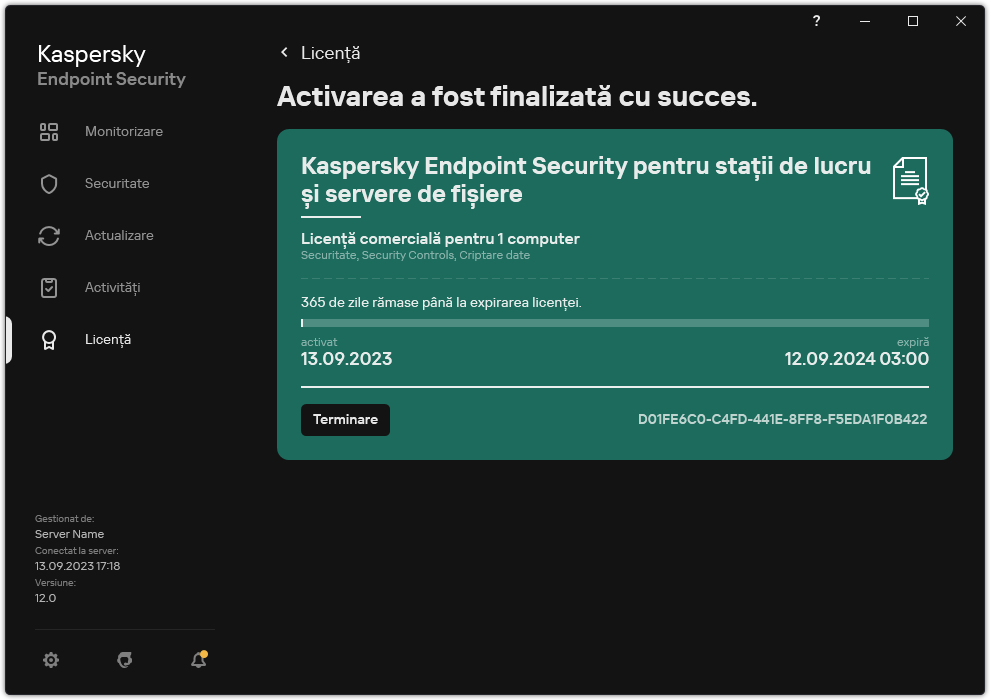 Fereastra conține informații despre licență: data expirării, funcțiile disponibile și alte informații.