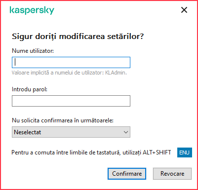 Fereastra conține câmpuri pentru introducerea numelui de utilizator și a parolei. Utilizatorul poate selecta o perioadă de timp în care aplicația nu solicită parola.