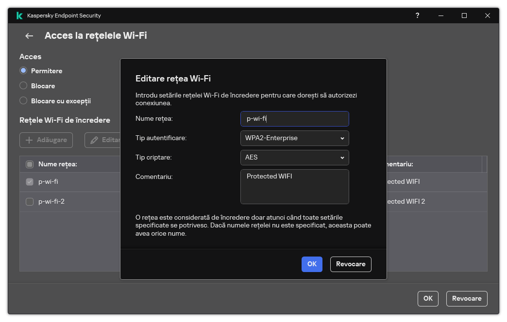 Fereastra conține setările rețelei Wi-Fi de încredere.